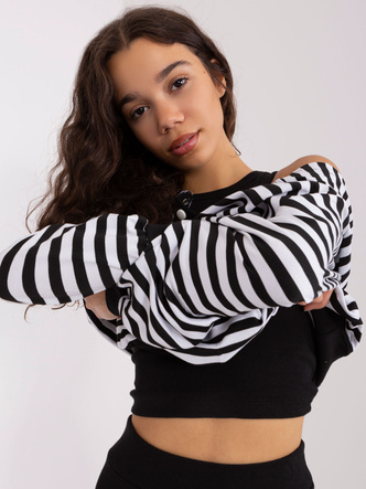 Trzyczęściowy czarno-biały komplet sportowy damski – bluza oversize, top i legginsy w prążki