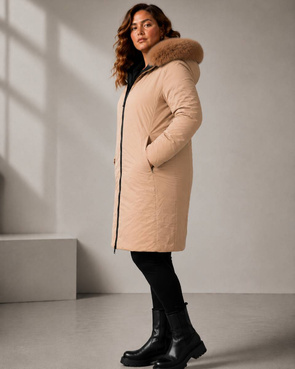 Czarno-beżowa dwustronna kurtka damska z odpinanym kapturem plus size
