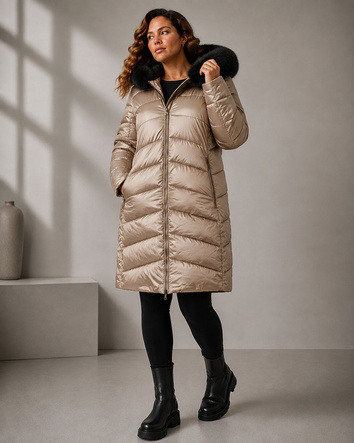 Beżowo- czarna dwustronna kurtka damska z odpinanym kapturem plus size