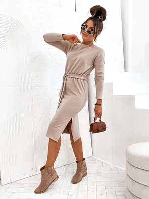 Bawełniana klasyczna sukienka z długim rękawem beżowa