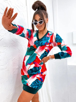 Zielono-czerwona sukienka ze ściągaczami welur