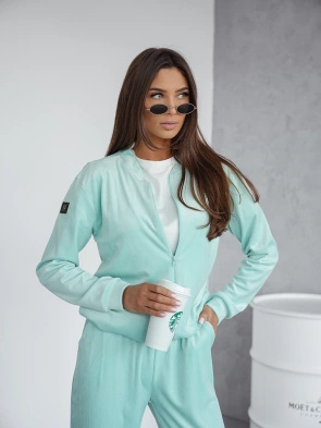 Komplet bluza bomberka i spodnie miętowy welur