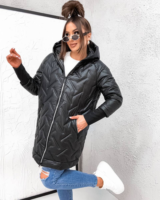 Przejściowa pikowana kurtka dzianinowymi ściągaczami czarna