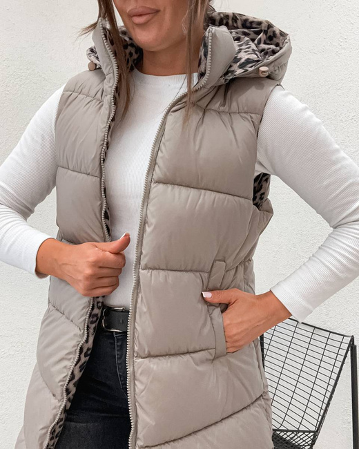 Długa kamizelka typu 2w1 beż-panterka