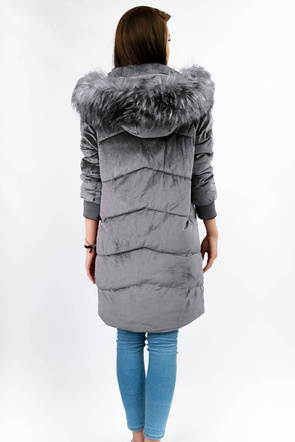 Sztruksowa zimowa kurtka damska z kapturem szara (7764)