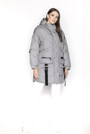Puchowa kurtka damska z ozdobnymi taśmami szara (AG2-J85)
