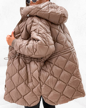 Luźna, pikowana kurtka z nieodpinanym kapturem brązowa