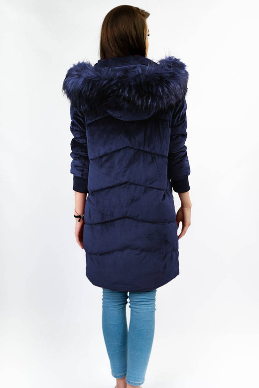 Sztruksowa zimowa kurtka damska z kapturem granatowa (7764)