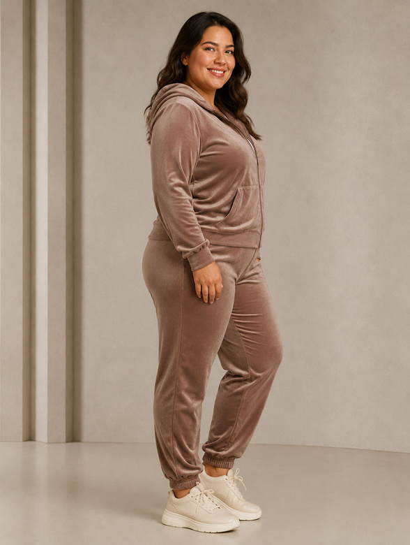 Zestaw plus size bluza + spodnie dresowe welur beżowy