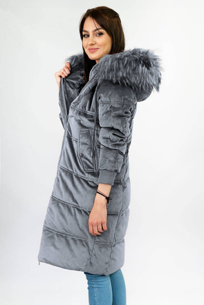 Zimowa sztruksowa kurtka damska z kapturem szara (7763)