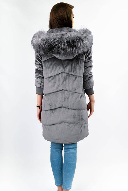 Sztruksowa zimowa kurtka damska z kapturem szara (7764)