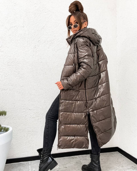 Przejściowa kurtka damska do kolan czekolada