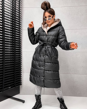 Czarno-beżowa kurtka zimowa do kolan typu 2w1