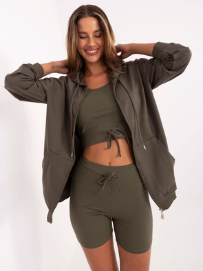 Khaki sportowy komplet bluza + top + szorty