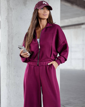 Komfortowy bordowy komplet damski bluza + szerokie spodnie