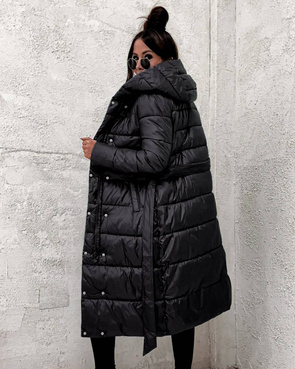 Czarno-fioletowa kurtka zimowa do kolan typu 2w1