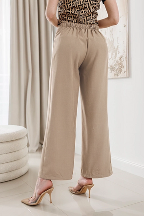 Eleganckie ciemnobeżowe spodnie damskie ze złotymi guzikami