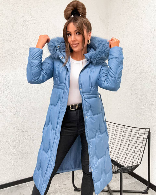 Zimowa damska kurtka niebieska poniżej kolan