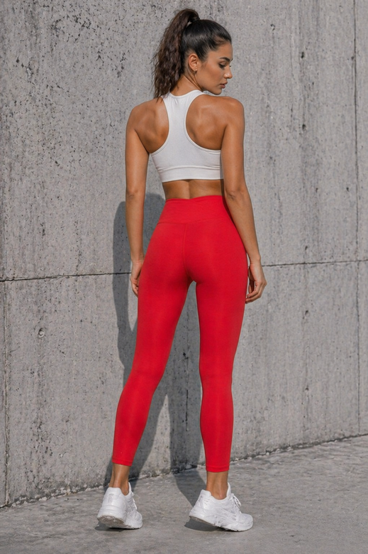 Sportowe legginsy 7/8 z wysokim stanem i kopertowym pasem czerwone