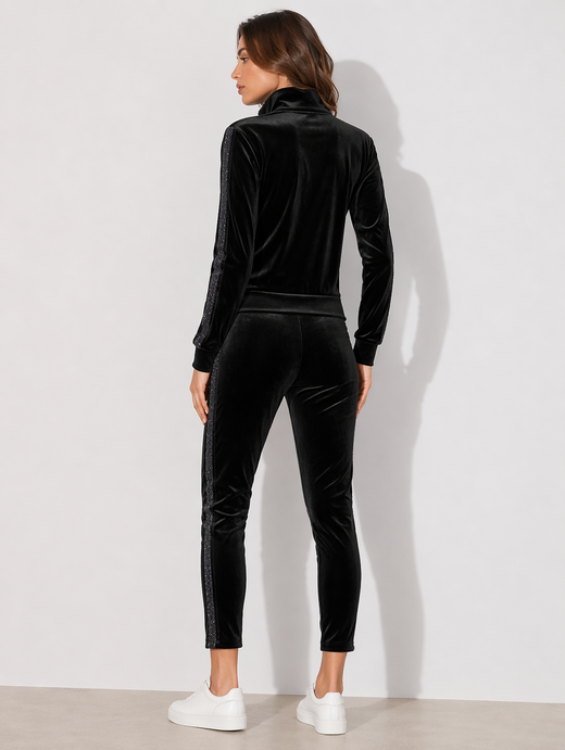 Czarny dres welurowy damski – bluza na suwak ze stójką + legginsy 7/8 z lampasami