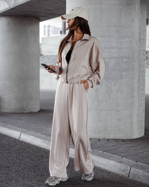 Komfortowy beżowy komplet damski bluza + szerokie spodnie