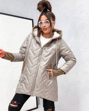 Luźna przejściowa kurtka plus size z kapturem beż