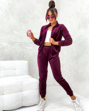 Welurowy komplet dresowy ze stójką bordowy