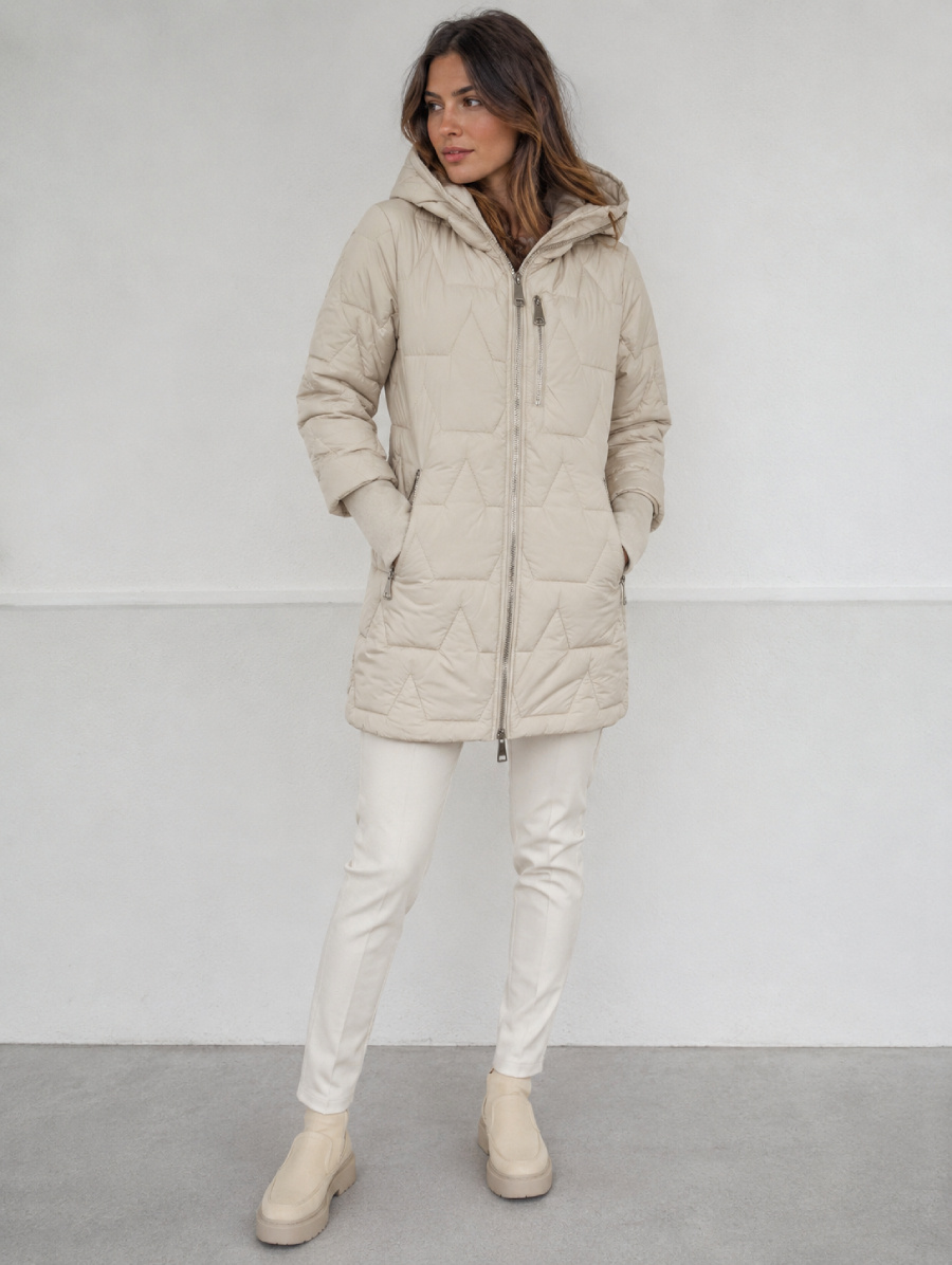 Pikowana przejściowa kurtka damska z dzianinowymi ściągaczami, ecru