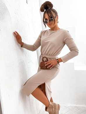 Bawełniana klasyczna sukienka z długim rękawem beżowa