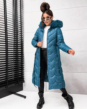 Długi, pikowany damski płaszcz z paskiem morski