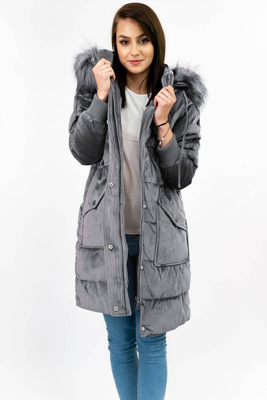 Sztruksowa zimowa kurtka damska z kapturem szara (7764)