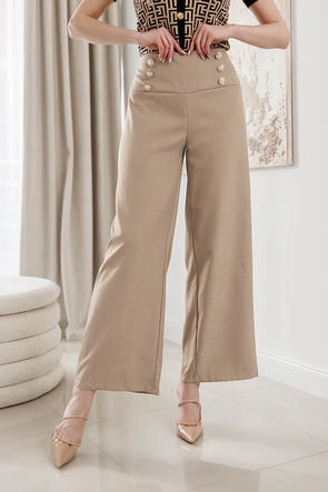 Eleganckie ciemnobeżowe spodnie damskie ze złotymi guzikami