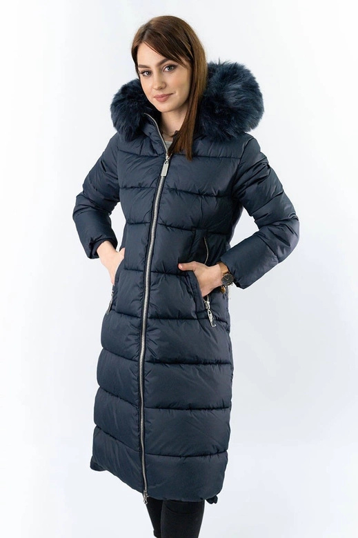 Granatowa gruba kurtka zimowa plus size do kolan