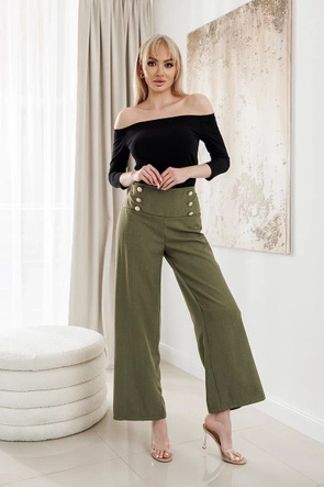 Eleganckie khaki spodnie damskie ze złotymi guzikami