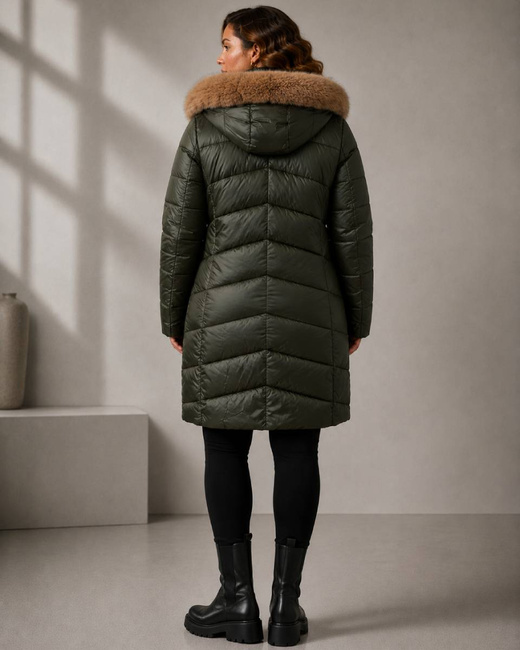 Khaki-beżowa dwustronna kurtka damska z odpinanym kapturem plus size