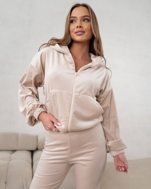 Komplet rozpinana bluza + spodnie dzwony welur beżowy 