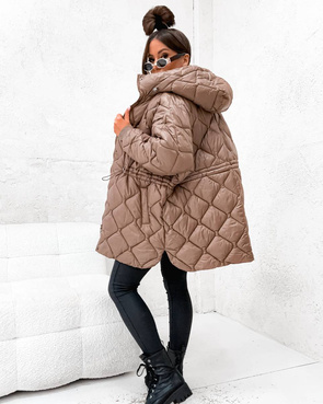 Luźna, pikowana kurtka z nieodpinanym kapturem brązowa