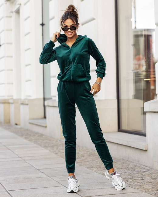 Zestaw bluza + spodnie dresowe welur butelkowy zielony