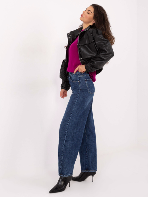 Jeansowe granatowe spodnie damskie balloon fit z wysokim stanem