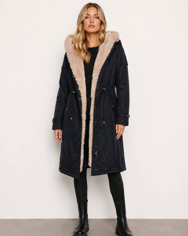 Granatowa kurtka zimowa damska na misiu z kapturem