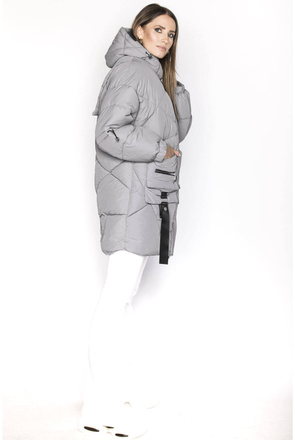 Puchowa kurtka damska z ozdobnymi taśmami szara (AG2-J85)