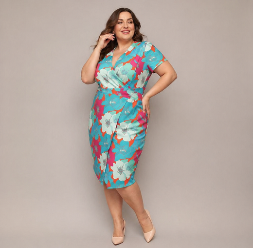 Sukienka plus size z kopertowym dekoltem zielony-pomarańczowy kwiaty