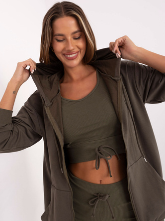 Khaki sportowy komplet bluza + top + szorty