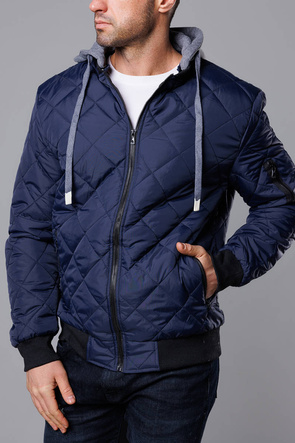 Granatowa pikowana męska kurtka z dresowym kapturem