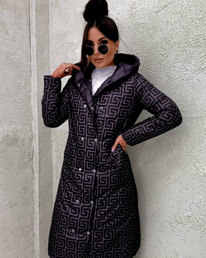 Czarno-fioletowa kurtka zimowa do kolan typu 2w1