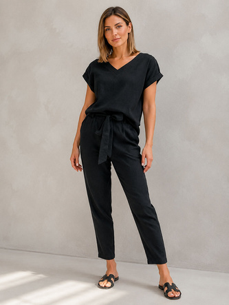Lniany czarny komplet t-shirt i spodnie