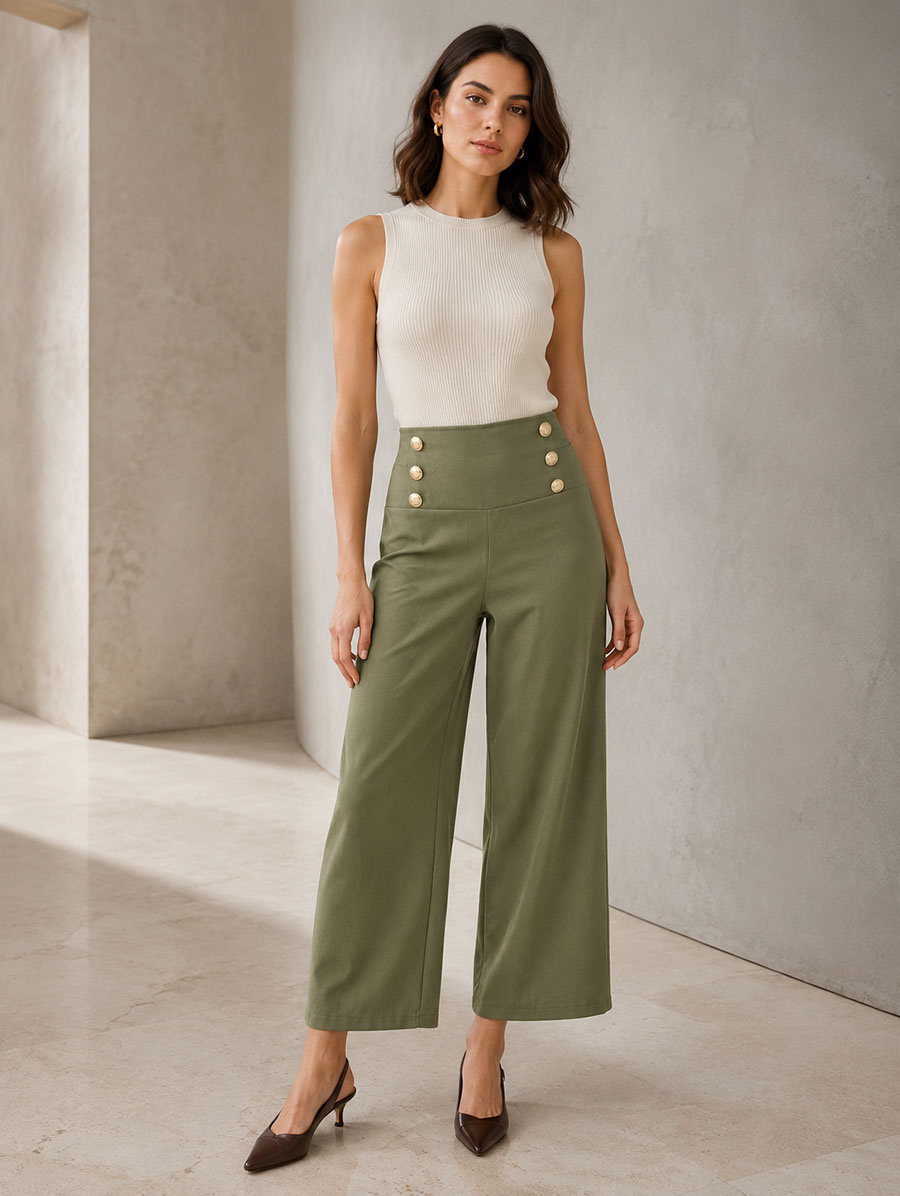 Eleganckie khaki spodnie damskie ze złotymi guzikami