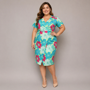 Sukienka plus size z kopertowym dekoltem zielony-fuksja kwiaty