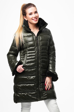 Zimowa kurtka damska z futrzanym kołnierzem khaki