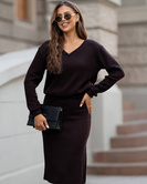 Dzianinowy czekoladowy zestaw bluzka + spódnica